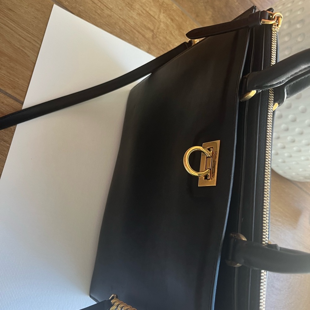 Salvatore Ferragamo Black and Gold Structured Leather Satchel - Picture 4 of 4